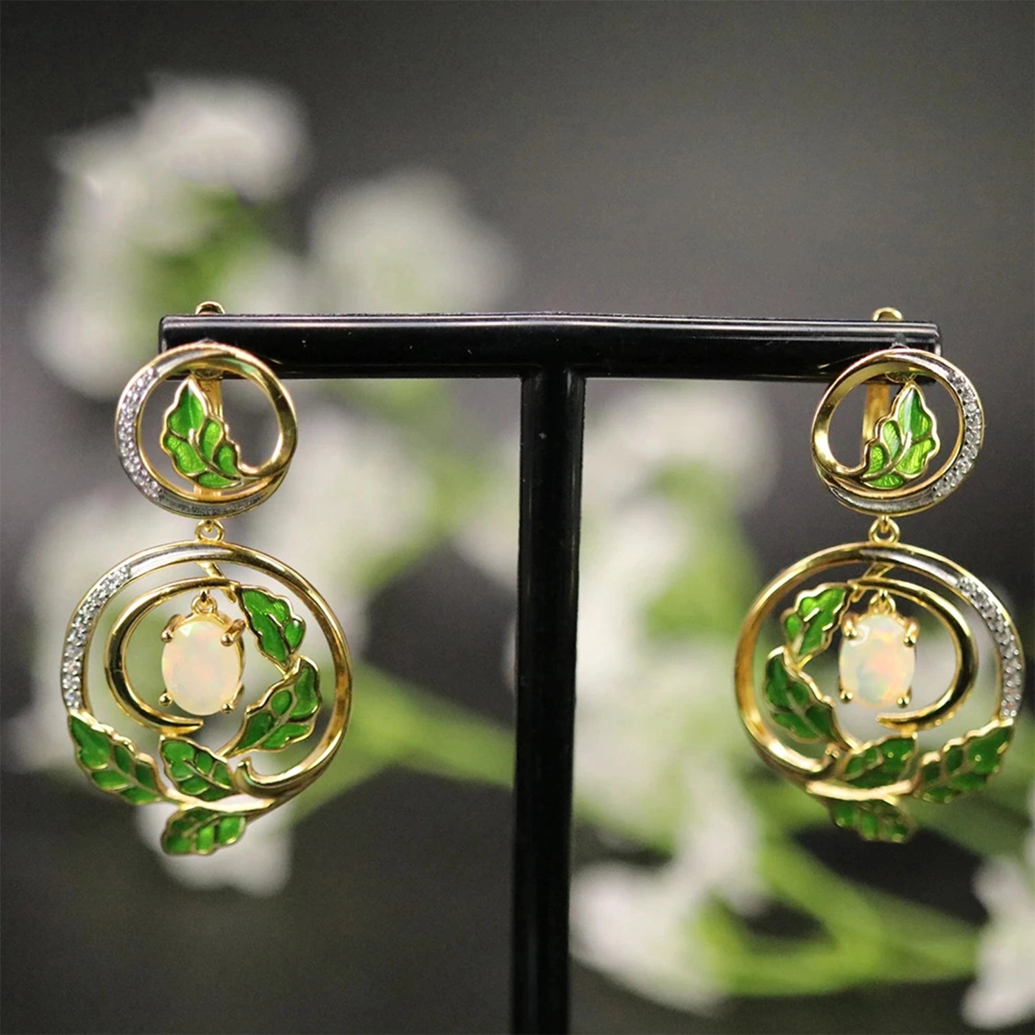 Opal & Emerald Enamel Clasp Earrings