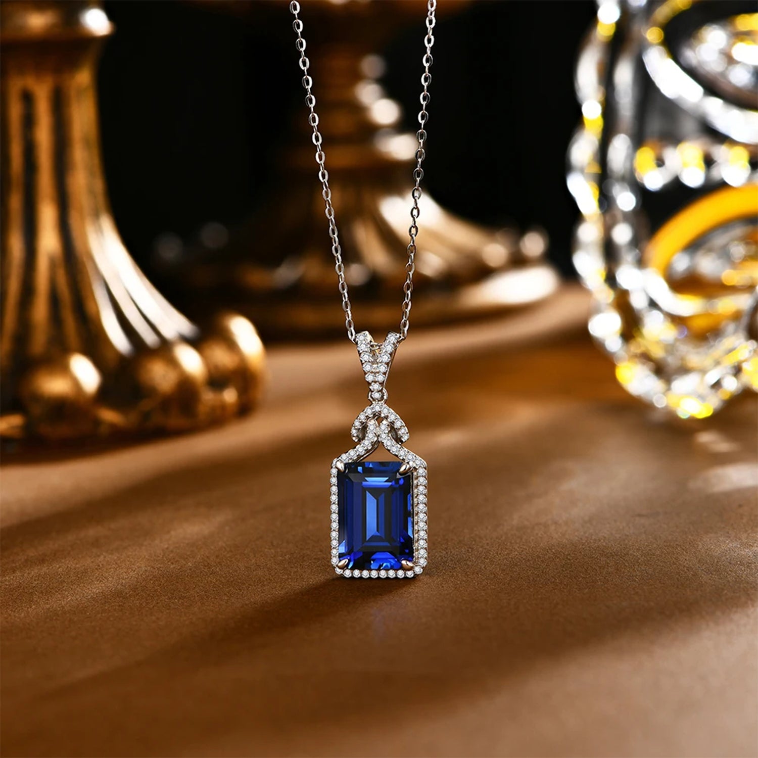 Asscher Cut Blue Sapphire Pendant Necklace