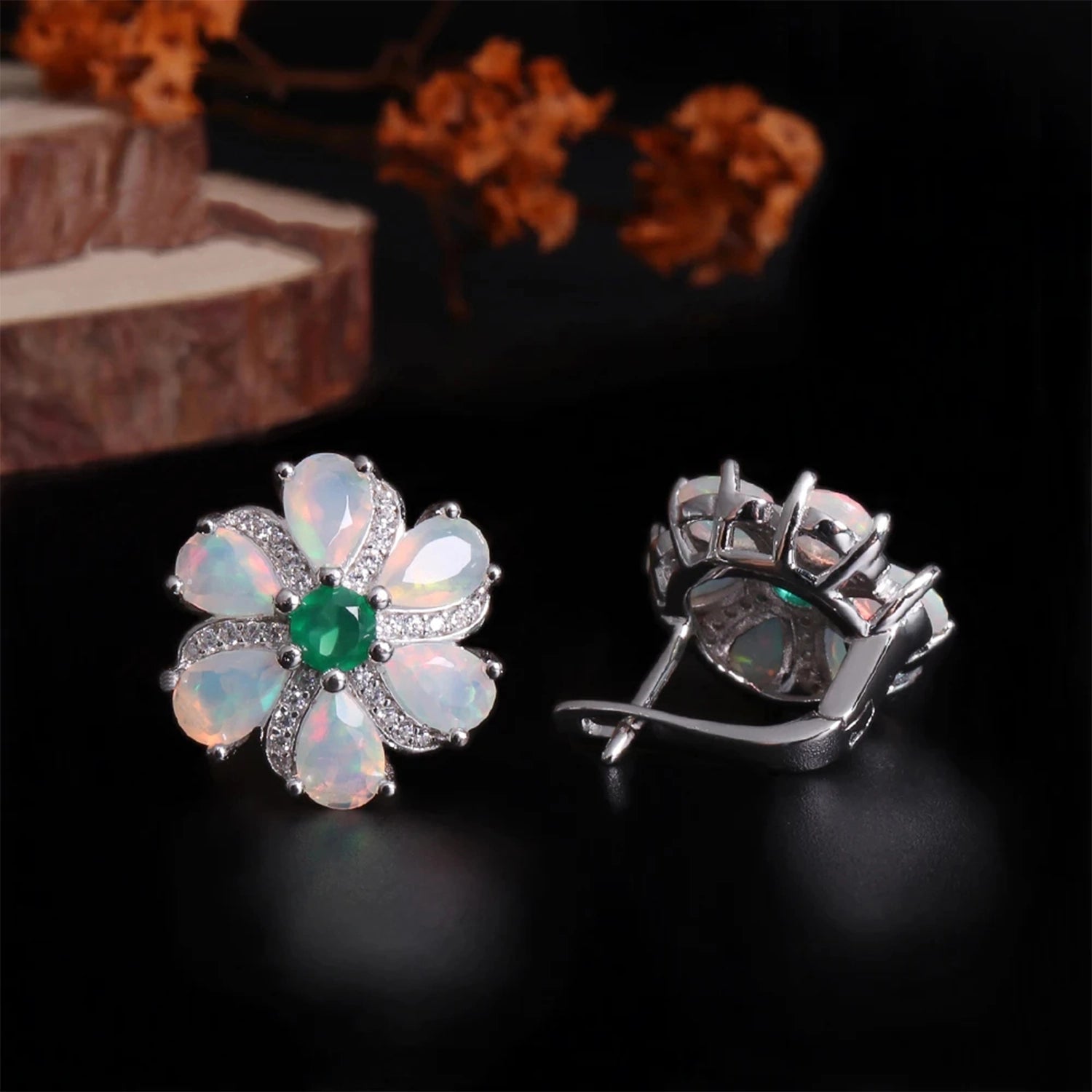 Opal & Green Agate Silver Drop Earrings