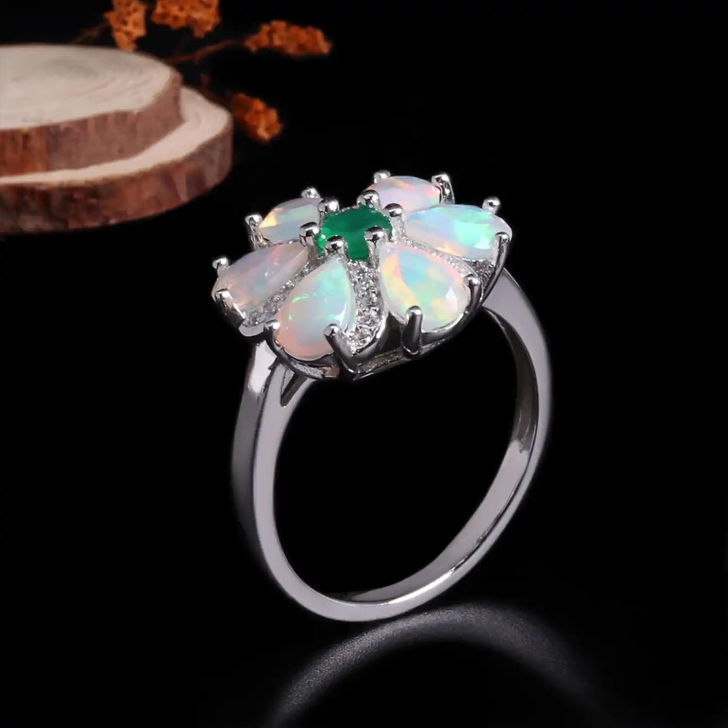Flower Shape Silver Opal Ring
