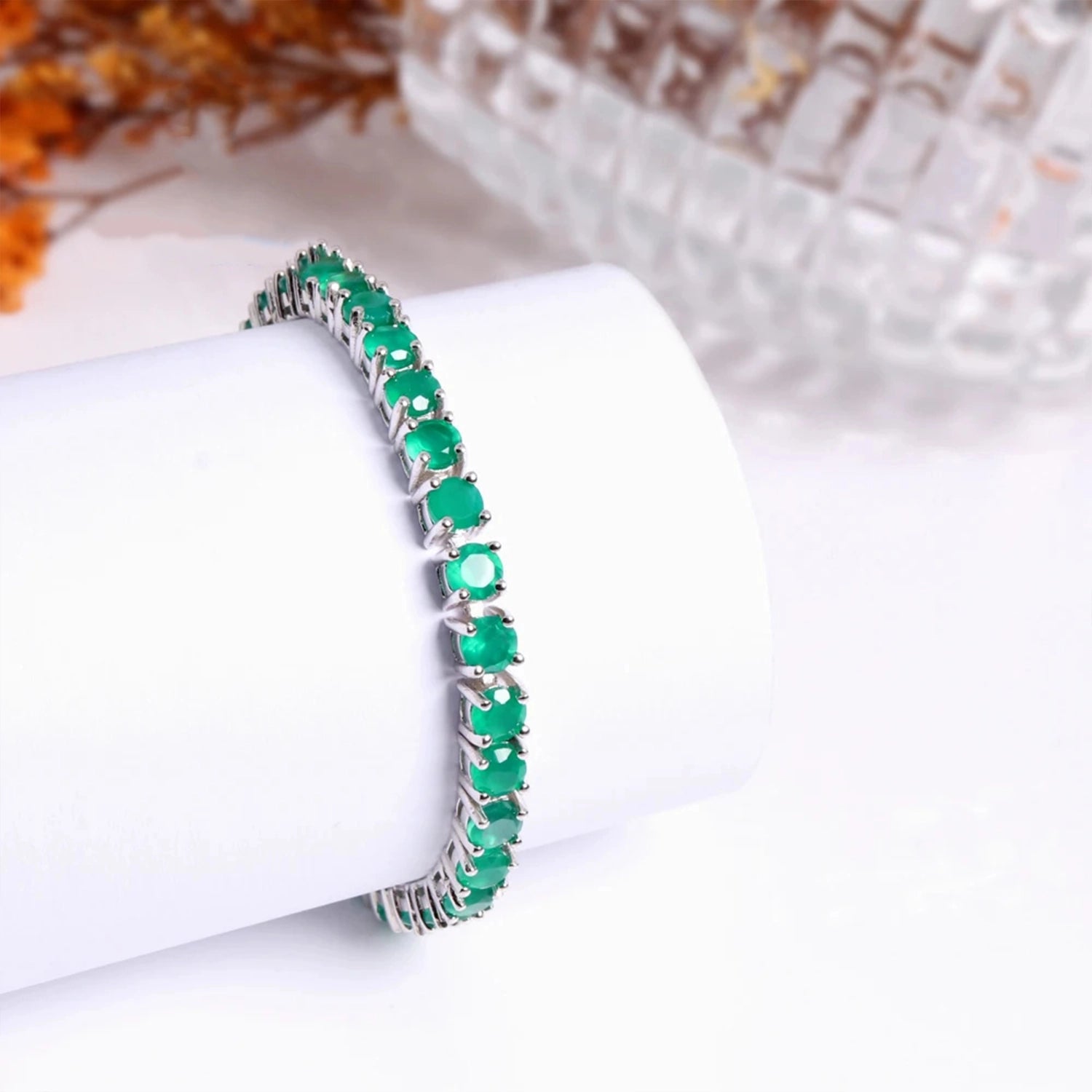 Green Agate Round Silver Bracelet