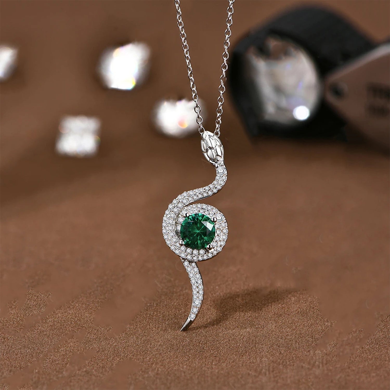 Snake Moissanite & Green Gemstone Pendant Necklace