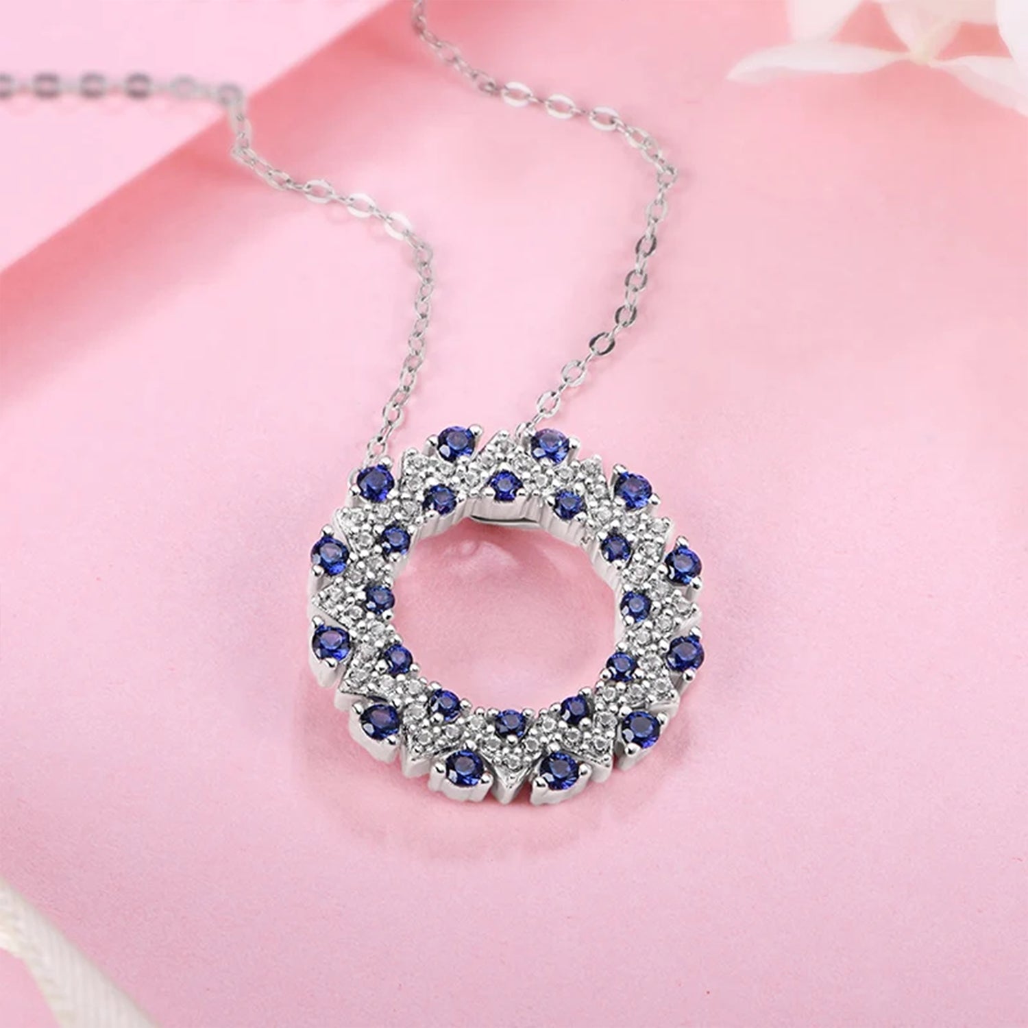 Halo Blue Sapphire Pendant Necklace