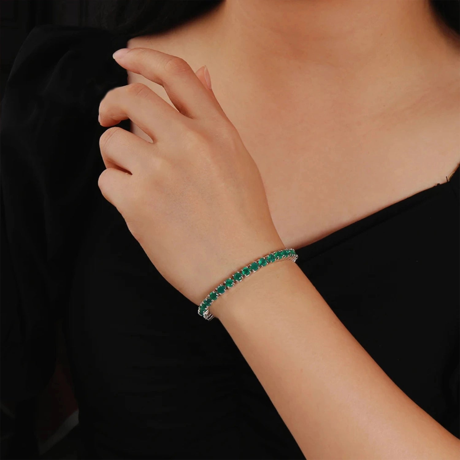 Green Agate Round Silver Bracelet