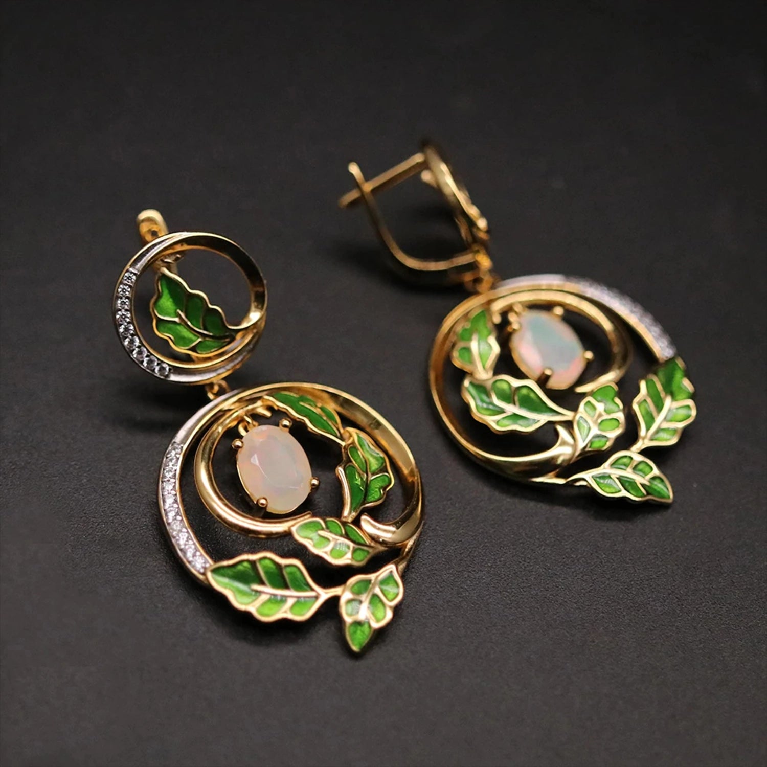 Opal & Emerald Enamel Clasp Earrings