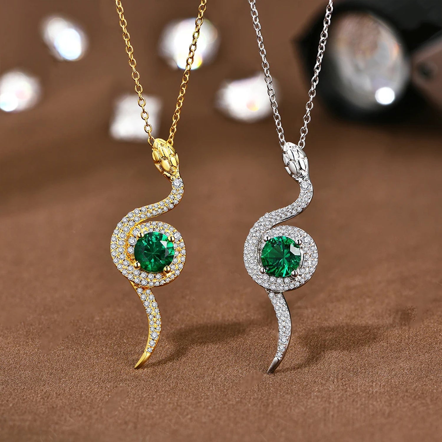 Snake Moissanite & Green Gemstone Pendant Necklace