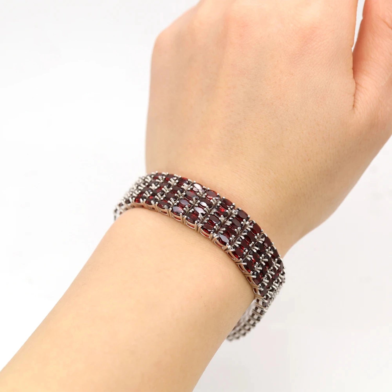 Red Garnet Geometric Silver Bracelet