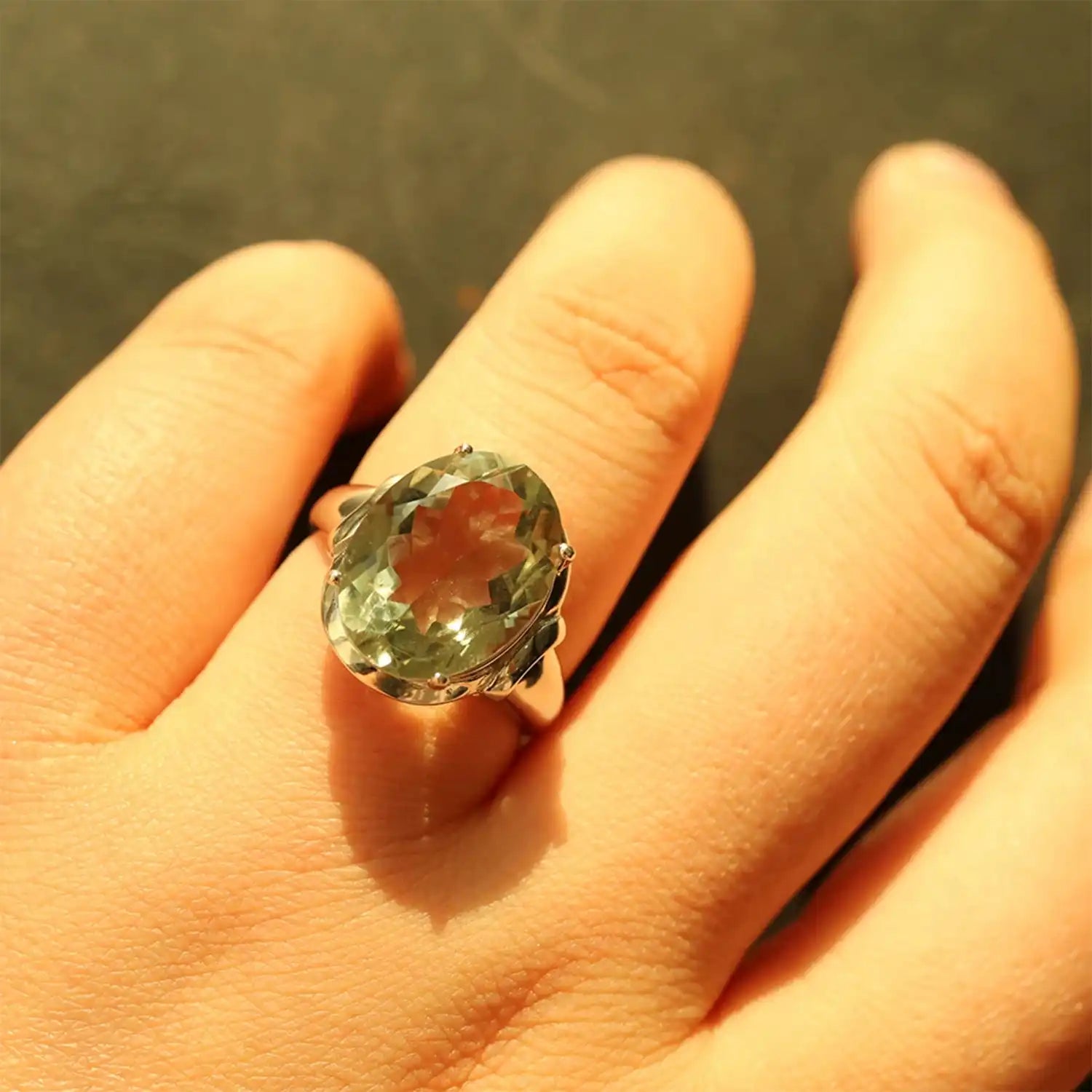 10ct Natural Green Amethyst Sterling Silver Ring