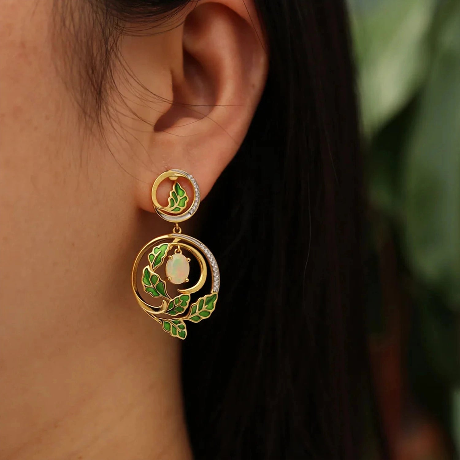 Opal & Emerald Enamel Clasp Earrings