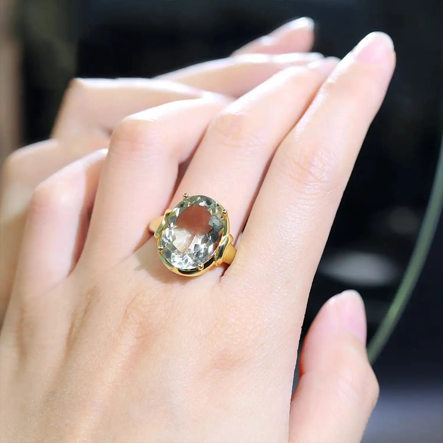 Natural Green Amethyst Oval Sterling Silver Ring