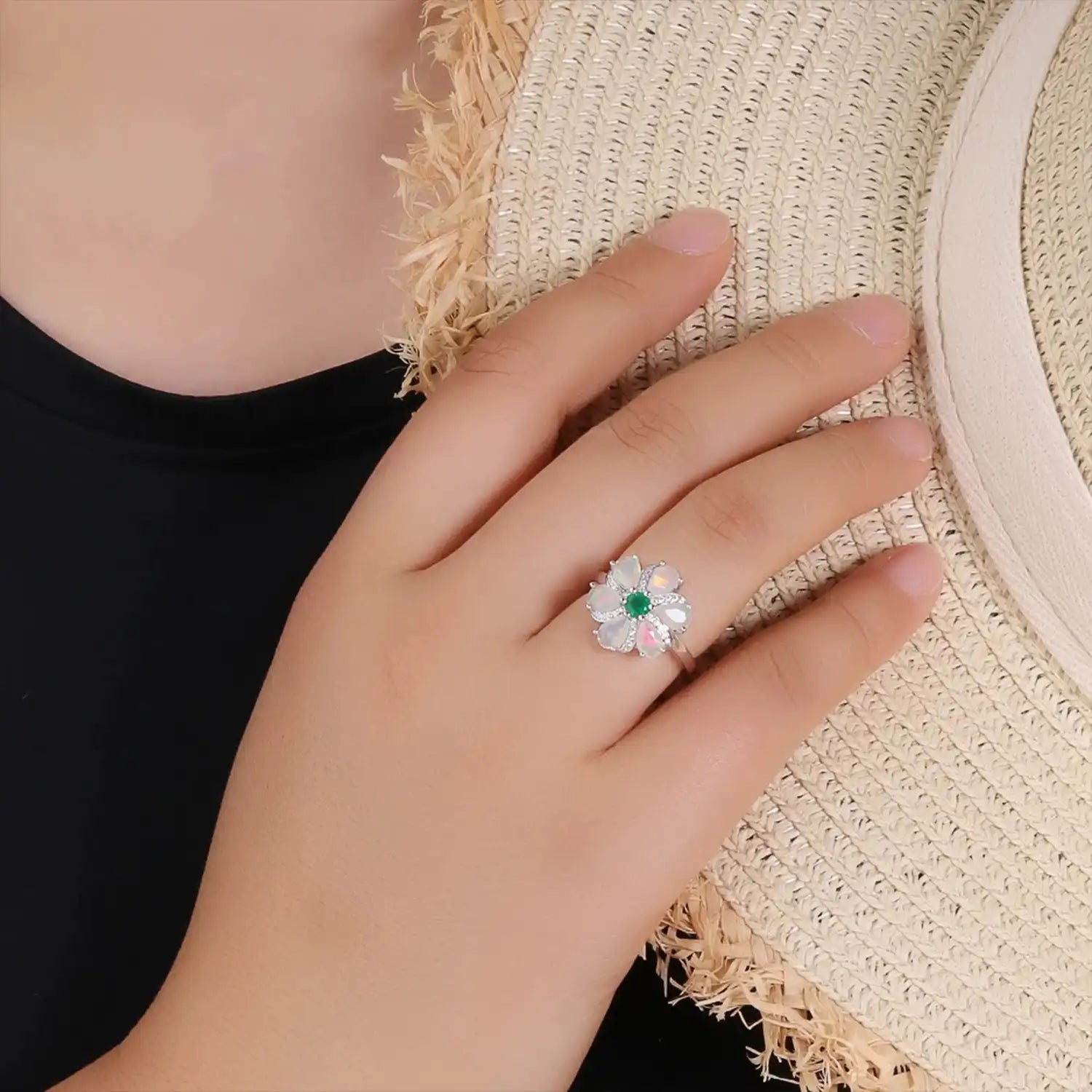 Flower Shape Silver Opal Ring