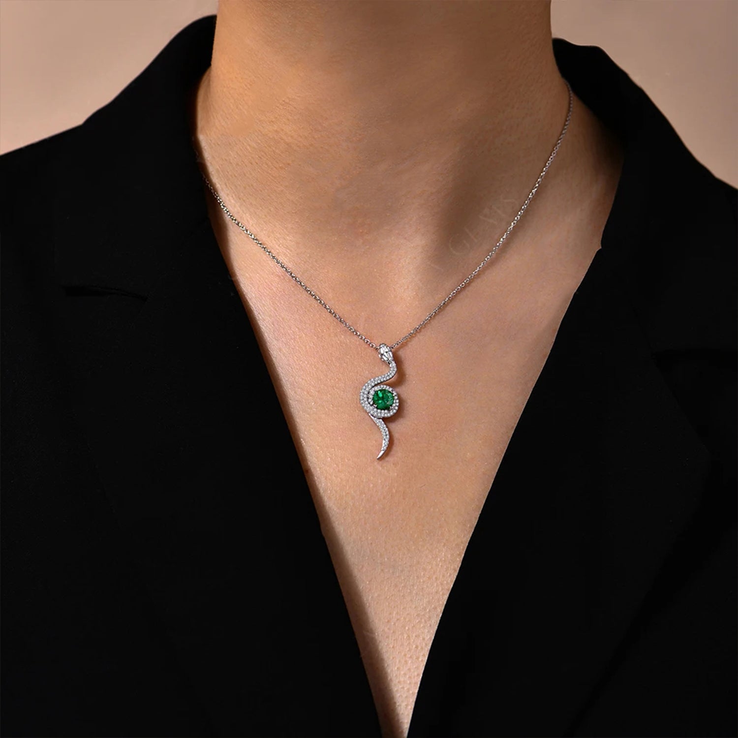 Snake Moissanite & Green Gemstone Pendant Necklace